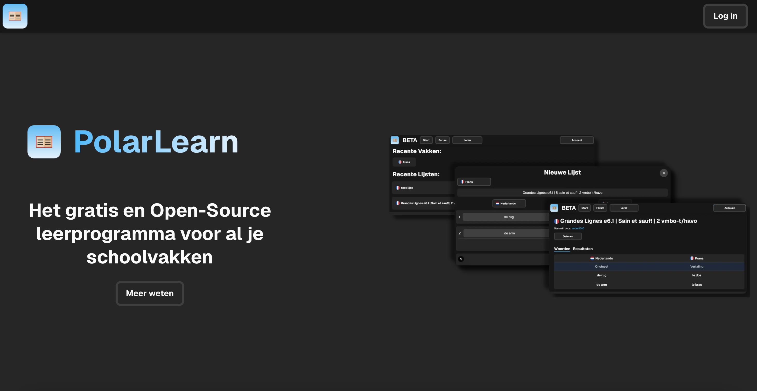 A homepage of a learning website, dark theme, 3 images overlapping displaying the product and the text "PolarLearn" with subtext "Het gratis en Open-Source leerprogramma voor al je schoolvakken" that has a login button in the top right corner.
